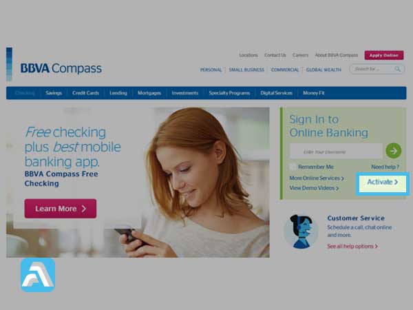 On the official BBVA Compass Webpage click on the  Activate option