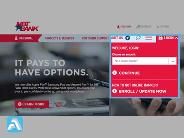 Click on ‘Login’ and from the options that appear, click on ‘Enroll’ to visit the NBT Banking Enrollment page.