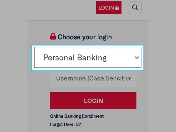 Choose Personal Banking from the drop-down menu.