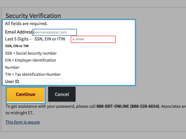Fill the Security Verification Form with the required information about your account and then, click on ‘Continue.’
