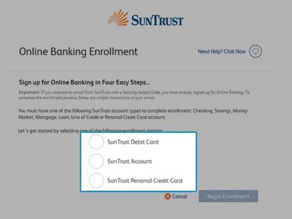 Select your account type from SunTrust Debit Card, SunTrust Account or SunTrust Personal Credit Card options.