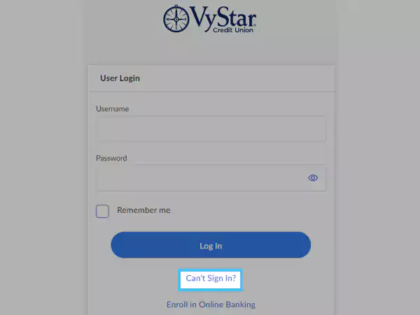 login page of Vystar