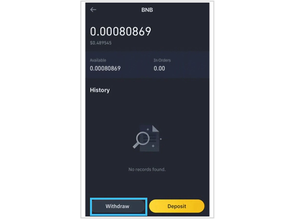 Binance Wallet page showing Deposit and Withdraw section.