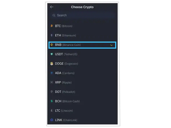 A Binance page showing list of Cryptocurrencies