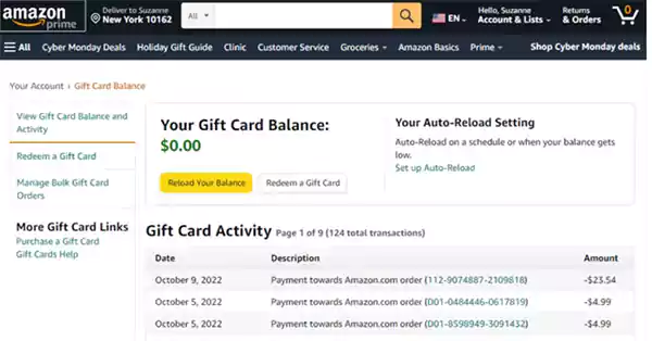 Amazon Account Gift Card Section
