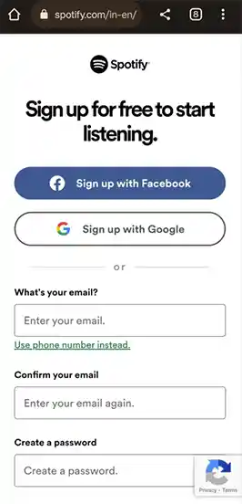 Login page of Spotify