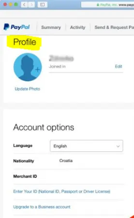 PayPal profile section