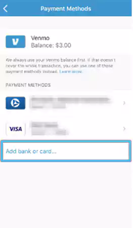 Venmo Add bank or card section 