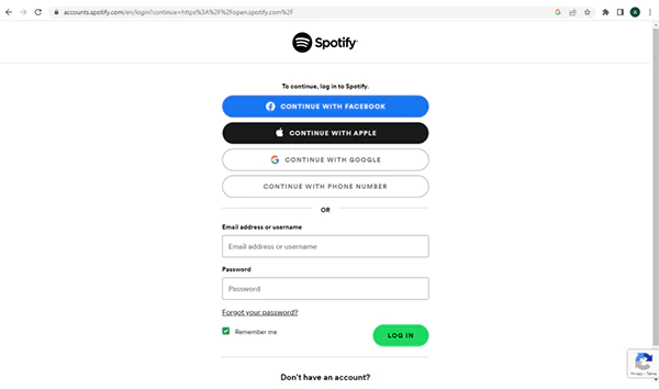 Spotify Web Login Page