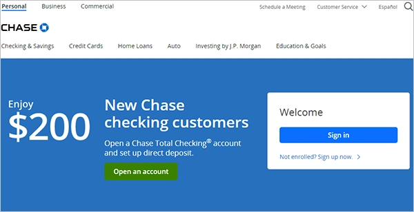 Chase credit card homepage