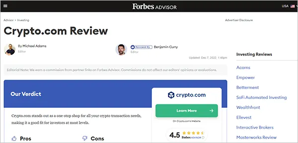 Crypto.com Featured on Forbes Advisor