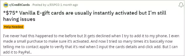 Vanilla Visa Gift Card Activation and Usage Issues