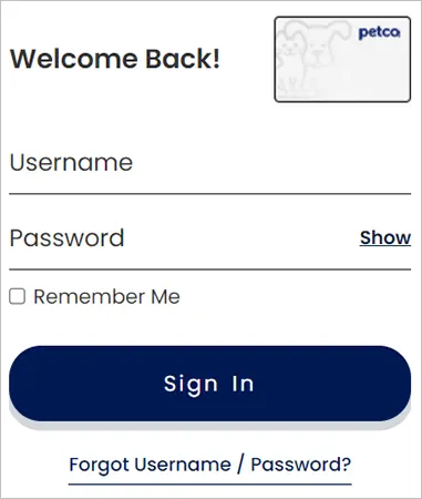 Petco login page