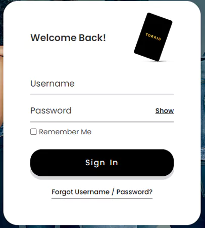 Torrid credit card sign-in page 