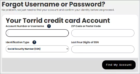 Torrid credit card username and password recovery step