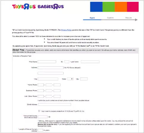 Toys R Us credit card application steps