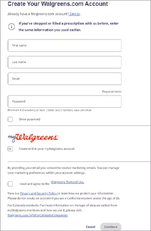 Walgreens create account page 