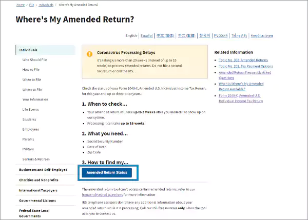 Click on the Amended Return Status link