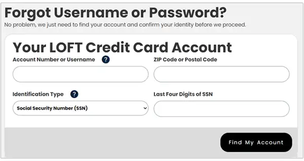 Loft username and password reset page
