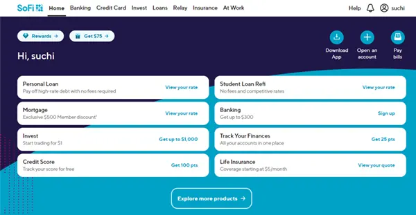 SoFi account dashboard 