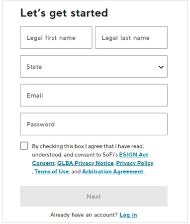 SoFi account sign-up page 