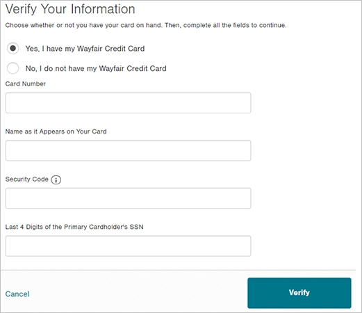 Wayfair username and password resetting page