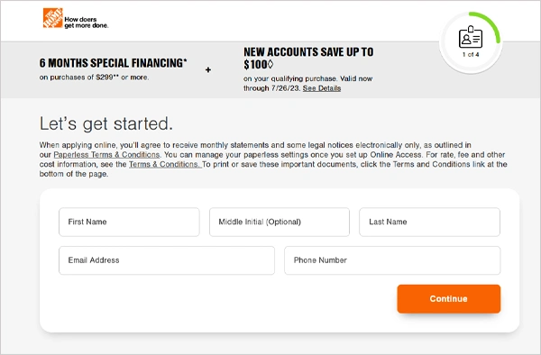 Home Depot Credit Card application form