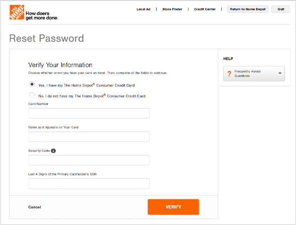 Home Depot password reset page